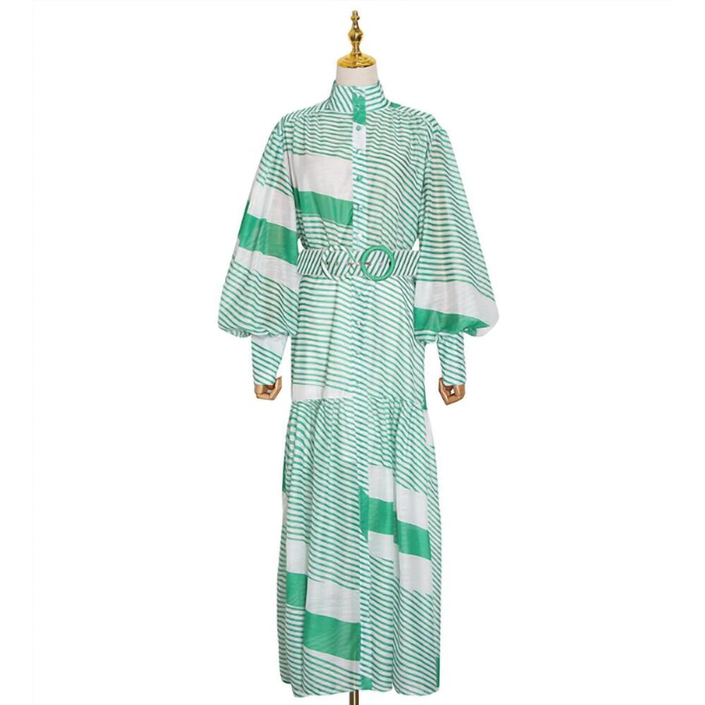 NEW ROSSARIO GEORGE women's striped belted bohemian style maxi dress in green an